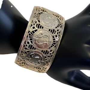 Gold Tone Cuff Bracelet Cut Out Embossed Fish Design
